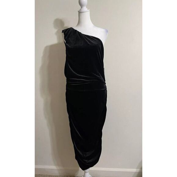 Tahari 14 One Shoulder Bodycon Black Velvet Cocktail Evening Midi Dress Stretch - Picture 1 of 16